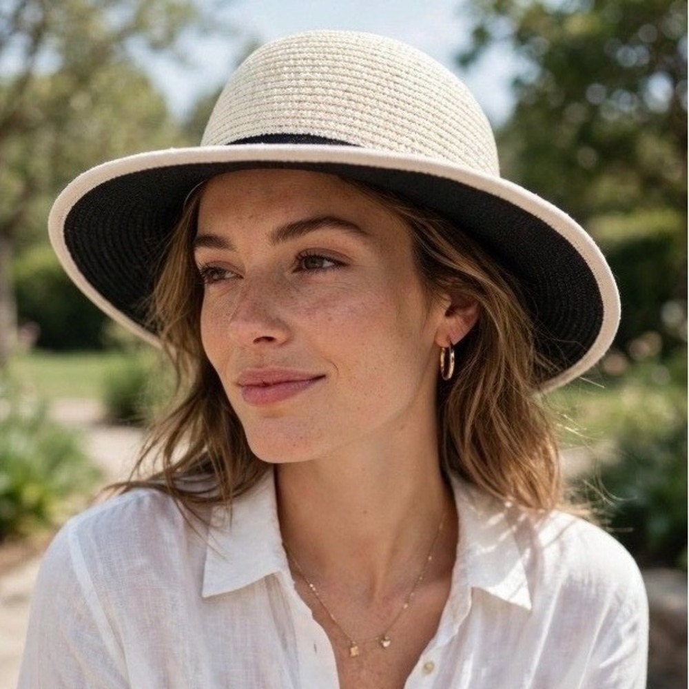 Zazu‎ & Violets Women Two Tone Woven Sun Hat Black Tan Wide Brim Size M
